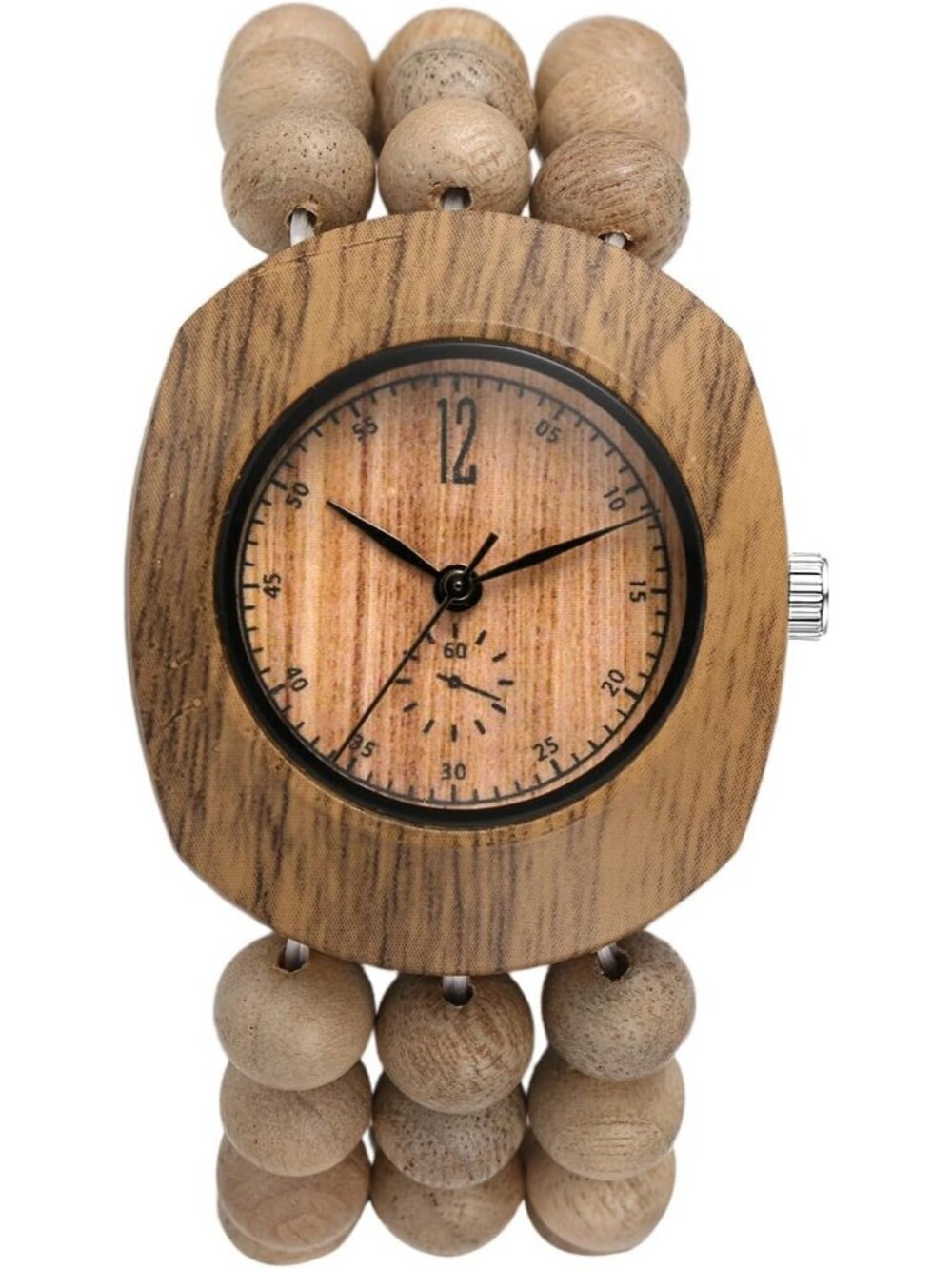 Women's Beige Analog Quartz Buddhist Beaded Bracelet Elastic Wrist Wooden Watch